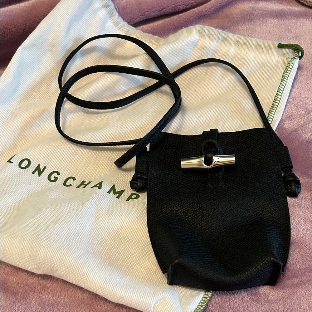 Longchamp Roseau Black Leather Phone pouch  Crossbody dust cover incl